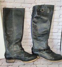 STEVE MADDEN ROADY Women sz 6 Tall Black Slouch Leather Blue Contrast Boots - $31.90