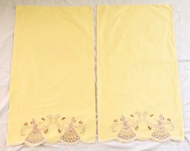 Pair Vintage Yellow Embroidered Pillowcases Girl Butterfly Crochet Cottage Chic - £23.52 GBP