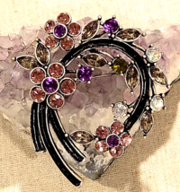 Vintage Rhinestone Flower Floral Brooch Pendant Purple Pink Green Swoosh... - £9.28 GBP