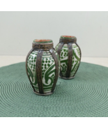 Vintage Redware Pottery Mini Urn Vase Pair Glazed Metal Wrap Morocco Mor... - $64.74 CAD