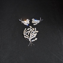 Vintage Rhinestone Floral Brooch Pin &amp; Matching Clip Earrings Jewelry Set - £19.33 GBP