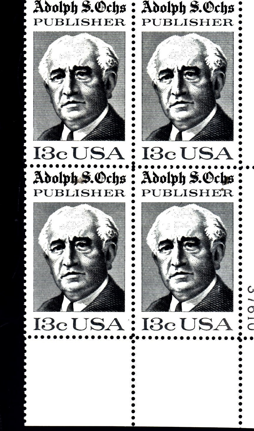 Primary image for U S Stamps - Adolph S. Ochs, Publisher 1976 - Plate Block