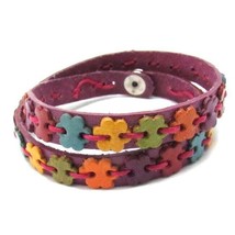 Multicolor Sweet Floral Link Purple Leather Double Wrap Bracelet - £9.35 GBP