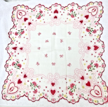 Vintage Cotton Hankie Valentines Day Hearts Flowers Key&#39;s Ribbons Bows 1... - $12.38