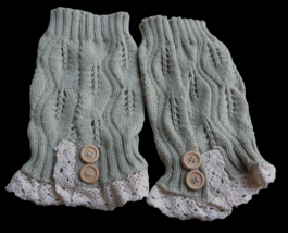 Womens Beige Taupe Open Knit Soft Boot Cuffs Covers Toppers Lace Button Trim - £11.12 GBP