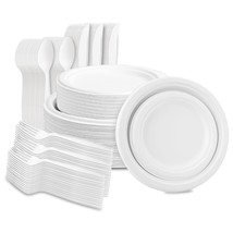 250Pcs Disposable Paper Plates Set With Extra Long Utensils, Biodegradable Compo - £26.88 GBP