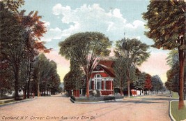 CORTLAND NEW YORK CORNER OF CLINTON AVENUE &amp; ELM STREET POSTCARD 1910 - $5.66
