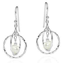 Textured Inner Circle Mobile White Pearl 925 Silver Earrings - £15.45 GBP