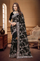 Designer Black Heavy Resham Embroidery Work Sari Georgette Party Wear Saree - £58.17 GBP