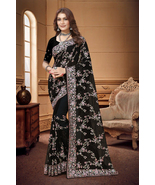 Designer Black Heavy Resham Embroidery Work Sari Georgette Party Wear Saree - £57.37 GBP