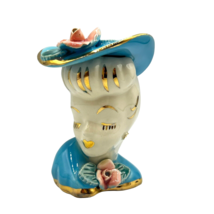 Ceramic Blue Lady Head Vase Glamour Girl w/ Flower Hand Painted Gold Tri... - $23.33