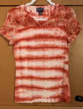 Chaps Women Medium Pink &amp; White Tie-Dye Short Cap Sleeve T-Shirt w/ Lace - £10.65 GBP