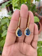 4.00Ct Pear Cut CZ Blue Sapphire Drop/Dangle Boucles d&#39;Oreilles Plaqué Or... - £133.65 GBP