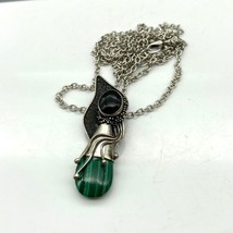 Vintage Abstract Sterling Silver Pendant with Malachite Teardrop and Onyx Stone - £184.84 GBP