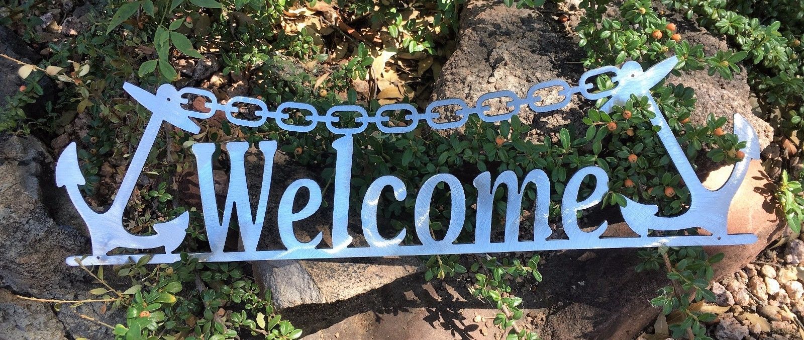 Anchor Welcome Metal Wall Art Sign  19 1/2" x 5 1/2" Polished Steel - £26.78 GBP