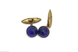 Vintage Mens Cufflinks Cobalt Blue Glass Cabochons Brass 1920s Art Deco - $30.29