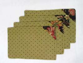 Embroidered Polka-dot Floral Corner Black Tan 4-PC Fabric Placemats - £22.12 GBP