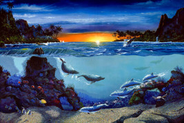 Dolphins at sunset ocean Oil painting Art Printed canvas Giclee - £7.58 GBP+