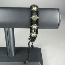 Bracelet Silvertone 7.75 Inch Rhinestones Black Beaded Braided Cord PULL THREAD - £15.65 GBP