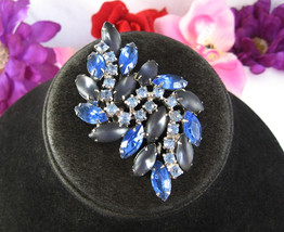 Big Bold Blue Rhinestone Brooch Vintage Pin Marquise Cabs Shades Silvertone 3&quot; - £22.58 GBP