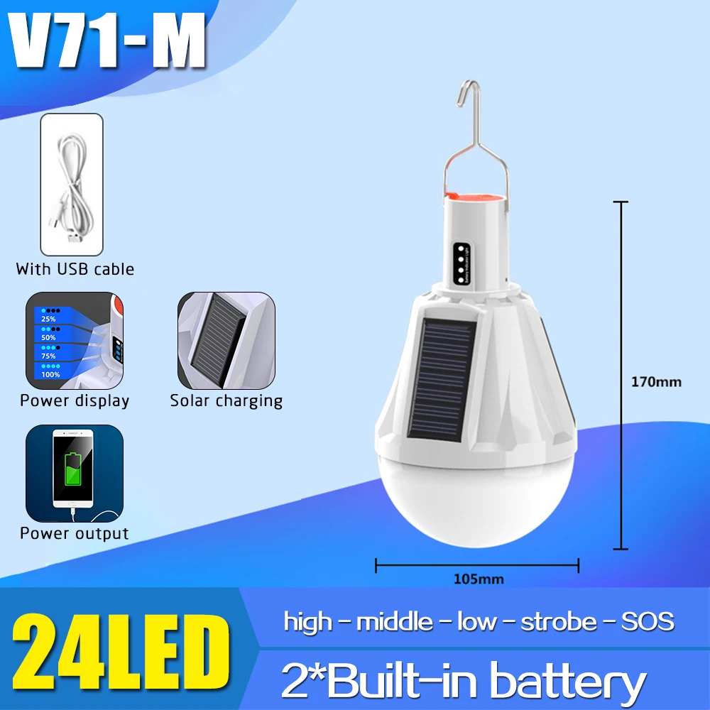 300W Rechargeable Solar Bulb Light Remote Control Night Market Lamp Portable Out - £59.79 GBP