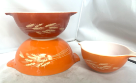 3 Vintage Pyrex Nesting Cinderella Bowls Autumn Harvest Wheat 441,442,443 SHINY - £73.25 GBP