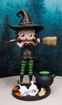 Halloween Witch Betty Boop And Pudgy Dog With Broomstick And Cauldron Figurine - £47.39 GBP