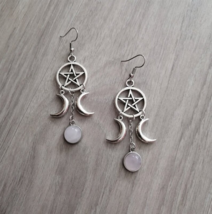 Crescent Moon Pentagram Dangle Earrings (Rose or Purple) - £8.70 GBP