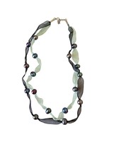 Womens Freshwater Peacock Pearl Necklace Elegant Black Green Sheer Fabric - £12.04 GBP