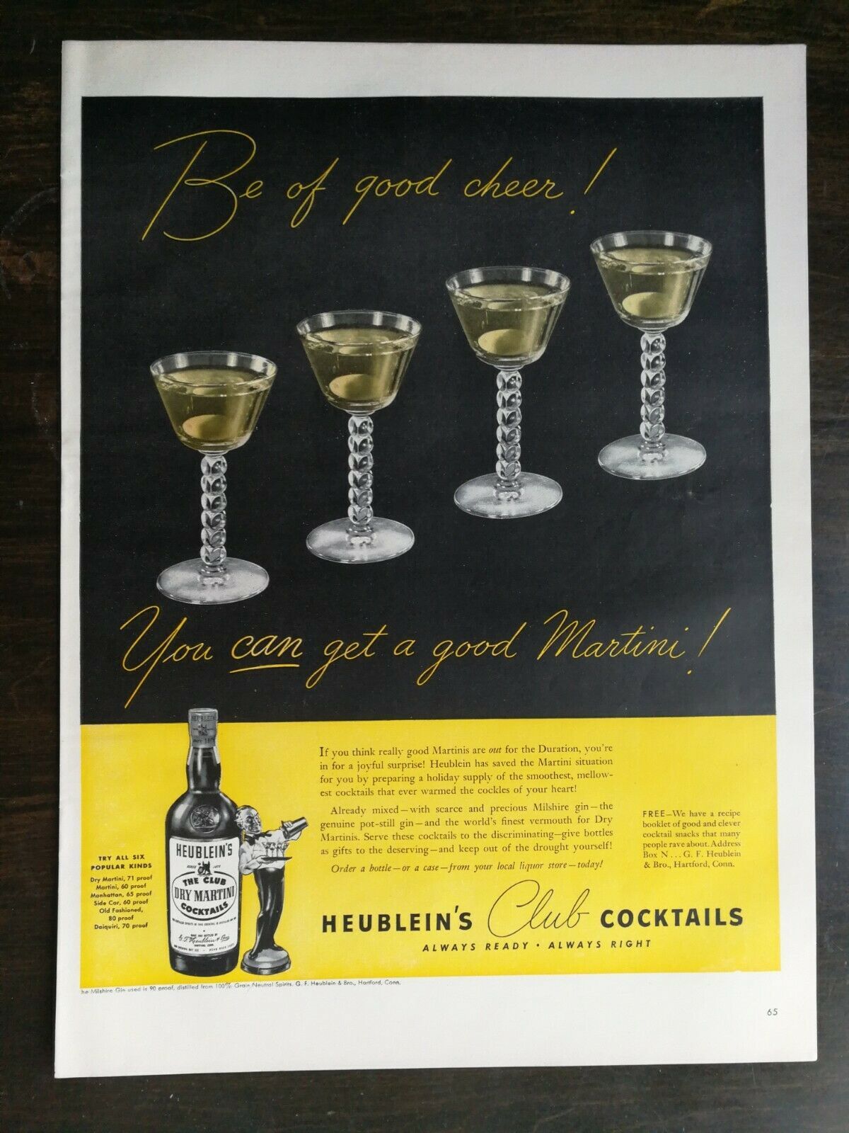 Primary image for Vintage 1942 Heublein's Club Cocktails Full Page Original Ad 721