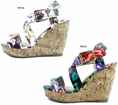 Women&#39;s Delicious Baymist-S Floral Open Toe Buckle Criss Cross Shoes Wedge - $22.99