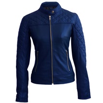 Blue Leather Jacket - Navy Blue Leather Jacket Womens with Quilted Shoulders - £200.26 GBP