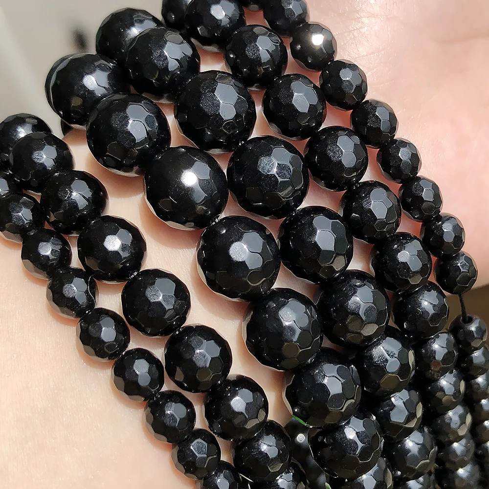 Natural Stone Beads Faceted Black Agates Round Loose Beads For Jewelry Making 15 - £6.33 GBP+