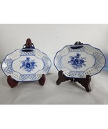 1 Pair vtg porcelain blue &amp; White Floral Decorative Oval Reticulated Plate - £11.86 GBP