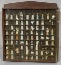 Wooden Thimble Display Case with 56 Thimbles Incl. Butterfly, Nativity, ... - $79.19