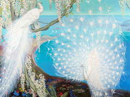 Peacock And Wisteria Exotic Birds Garden Jessie Ceramic Tile Mural Backsplash - £54.60 GBP+