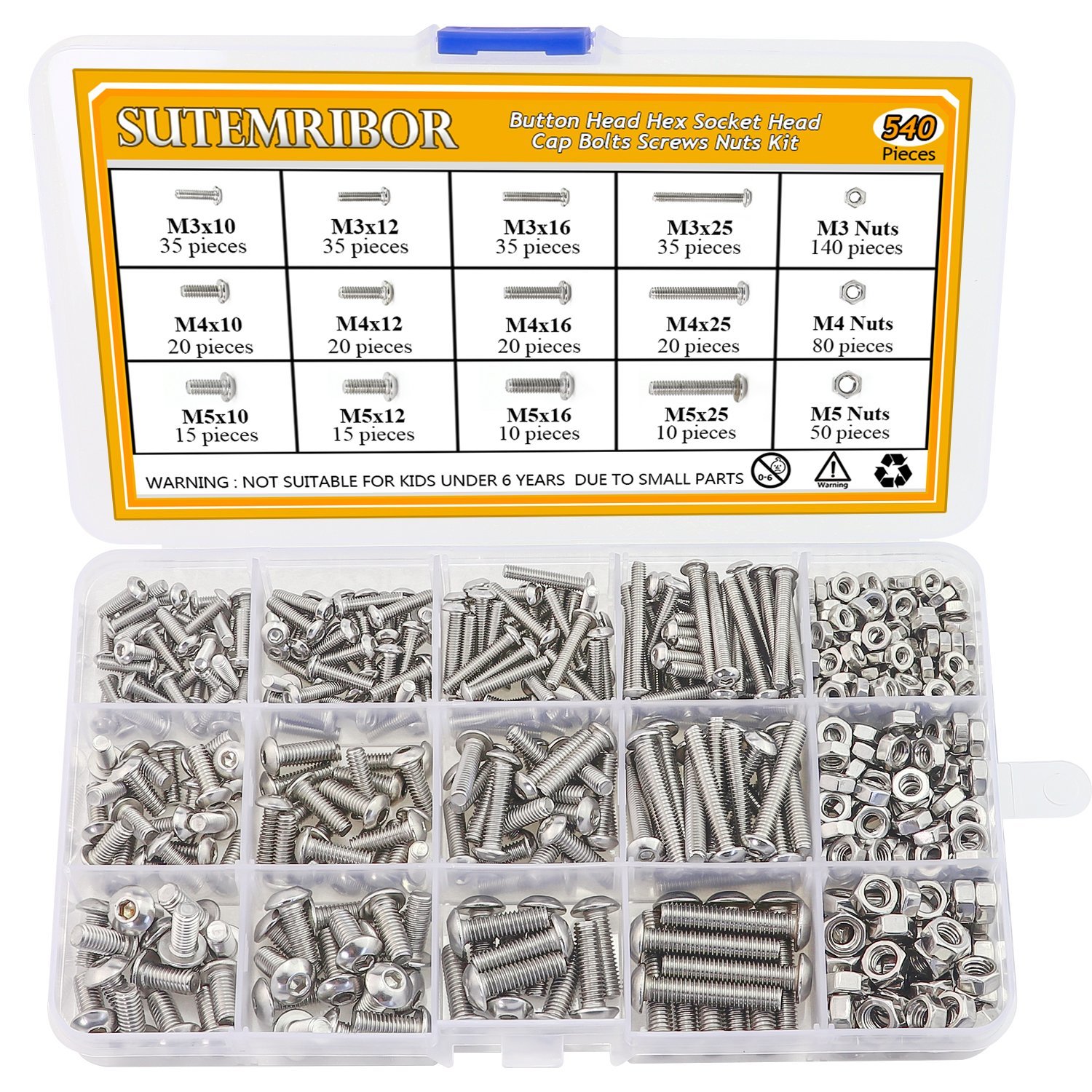 Button Head Hex Socket Head Cap Bolts Screws Nuts Assortment Kit, 540 Pc., - $30.94