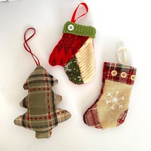 Fabric Christmas Tree Stocking Mitten Plaid Felt Ornaments Countrycore Handmade - £11.95 GBP