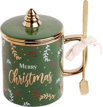 18oz Green Merry Xmas Mug W-Tree On Lid and Gold Handle and Spoon Set of 2 - £47.43 GBP