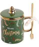 18oz Green Merry Xmas Mug W-Tree On Lid and Gold Handle and Spoon Set of 2 - £47.70 GBP