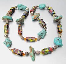 Big Vtg Turquoise Sterling Silver Millefiori Glass Antique Trade Beads N... - $470.25