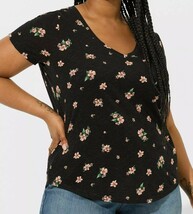 Torrid Heritage V-Neck Pocket Tee Slub Jersey Black Pink Floral Womens S... - €12,57 EUR