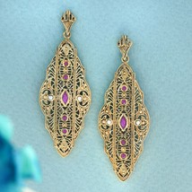 Natural Ruby and Pearl Vintage Style Filigree Earrings in Solid 9K Gold - £967.39 GBP