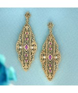 Natural Ruby and Pearl Vintage Style Filigree Earrings in Solid 9K Gold - £958.02 GBP