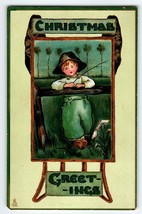 Christmas Postcard Dutch Boy Fishing Pole Wood Shoes Muff Ivy M. James 522 Tuck - £16.75 GBP