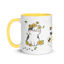Accent Coffee Mug 11oz | Don&#39;t Worry Bee Happy Cat Floral Themed - £20.39 GBP