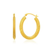 10k Yellow Gold Oval Line Texture 1&quot; Length x 0.75&quot; Width Hoop Earrings - £84.13 GBP