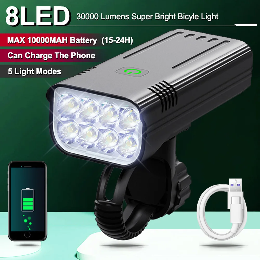 8LED 30000LM Ultra Bright Bicycle Light USB Rechargeable LED Bike Headlight - £19.76 GBP+