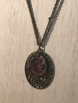 Oval Resin  Faux Abalone Pendant On Double Chain Brass Tone Necklace - £4.00 GBP