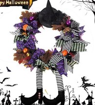 Halloween Wreath Witch Hat Legs Pumpkin Door Decor 12&quot; W 26 &quot;H - £12.40 GBP